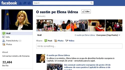 Record de Like-uri pentru Elena Udrea! A adunat peste 22.000 de sustinatori in doua zile, pe Facebook