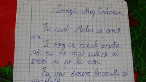 Scrisoare emoționantă! Ce i-a scris un băiețel de opt ani lui Moș Crăciun.  „Te rog ca anul acesta să nu ne mai uiţi şi să treci şi pe la noi”