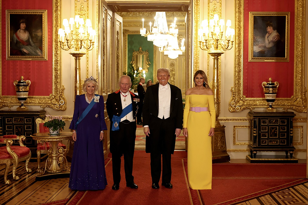 U.S. President Donald Trump, (2nd R) First Lady Melania Trump, (R) King Charles III and Queen Camilla (L) arrive for the State Banquet hosted by King Charles III and members of the Royal Family at Windsor Castle during the state visit by the President of the United States of America on September 17, 2025 in Windsor, England. Photo by / UPI,Image: 1038447601, License: Rights-managed, Restrictions: , Model Release: no
