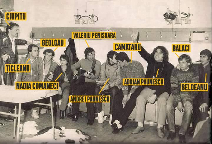 Grigore Ciupitu, Aurel Țicleanu, Ion Geolgău, Nadia Comăneci, Valeriu Penișoară, Andrei Păunescu, Rodion Cămătaru, Adrian Păunescu, Ilie Balaci și Aurel Beldeanu (de la stânga la dreapta), într-o fotografie de colecție realizată pe 16 martie 1983