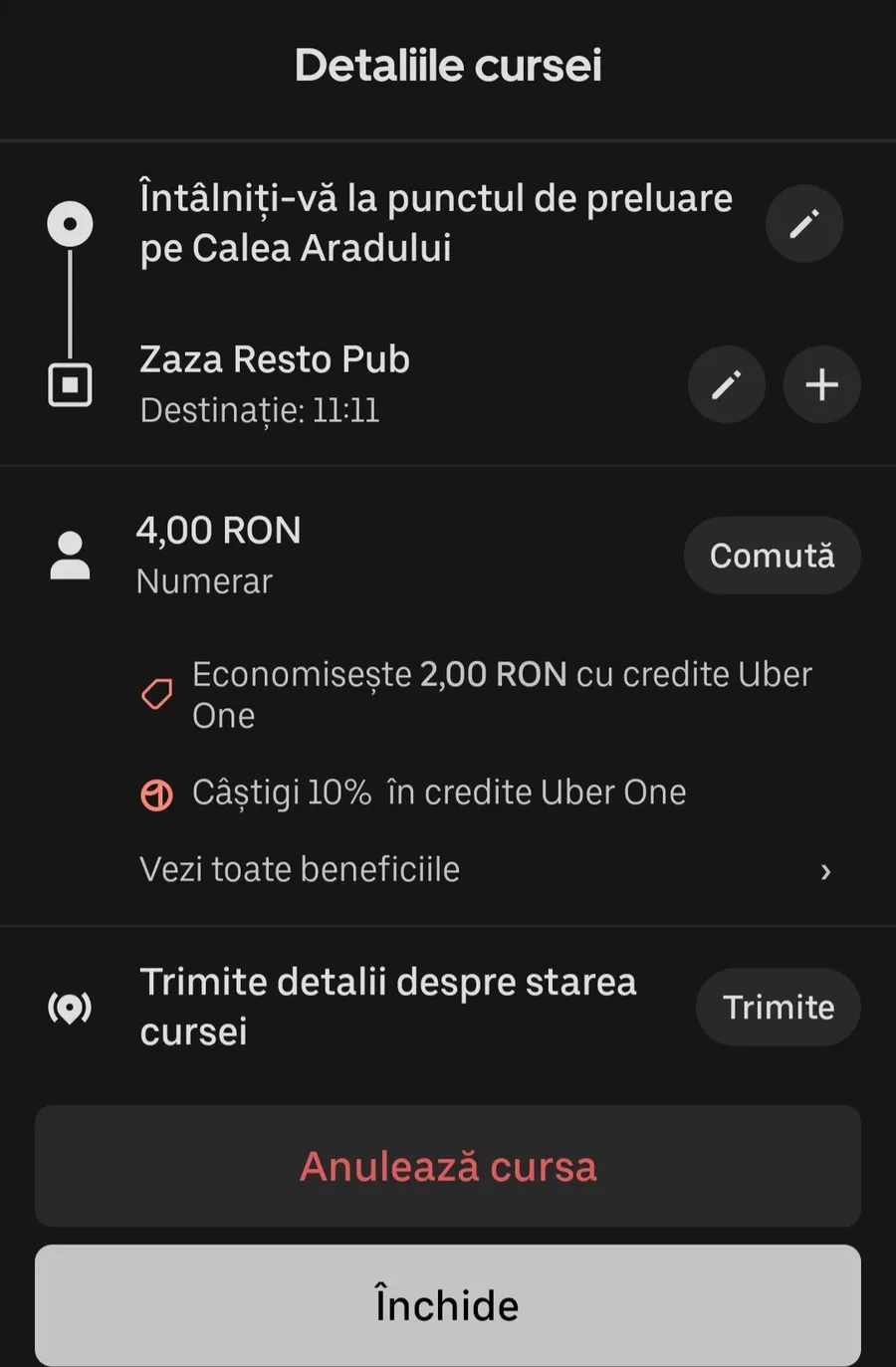 Cea mai ieftină cursă cu Uber-ul. SURSA FOTO: Alina Emandi/Facebook.