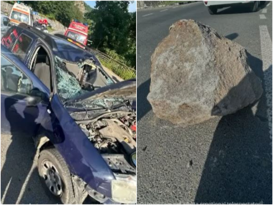 Mașina lui Geroge Botizan a fost strivită de un bolovan căzut de pe munte/ sursă foto: captură video