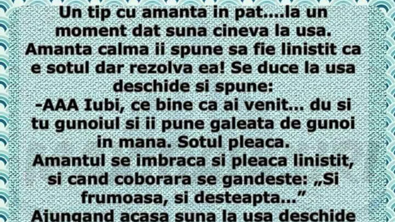 BANCUL ZILEI | Un tip e cu amanta în pat. La un moment dat, sună cineva la ușă