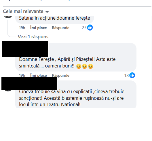 Comentariile la postarea despre piesa de teatru/ Sursa foto: Facebook