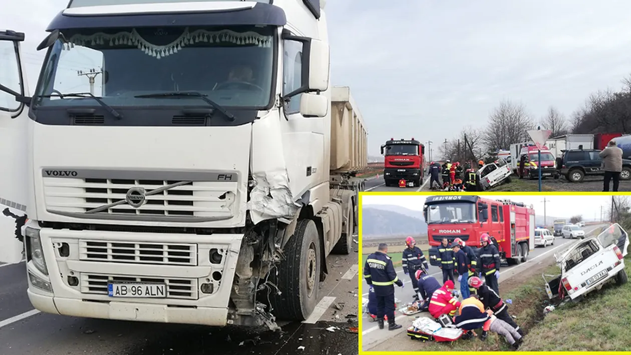 Accident nimicitor între o Dacie 1310 și un TIR! O femeie însărcinată și un bărbat au murit. A fost solicitat elicopterul SMURD pentru unul dintre răniți