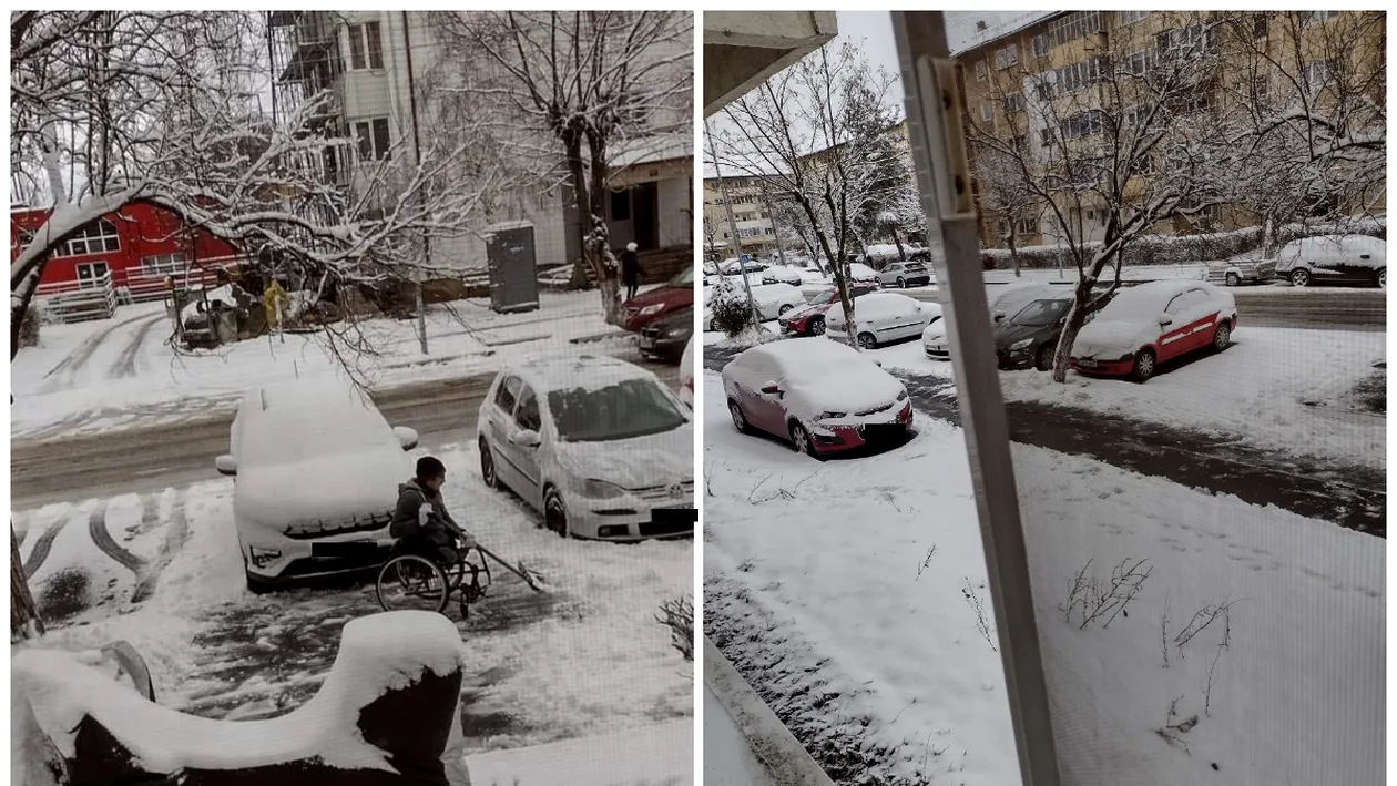 Imaginea care a înduioșat o țară întreagă! Un bărbat în scaun cu rotile a curățat un trotuar de zăpadă: „Cum soțul meu poate, ar putea și alții”