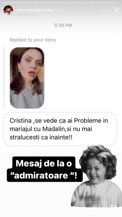 Cristina Șișcanu a primit un mesaj din partea unei urmăritoare. Sursă: Instastory