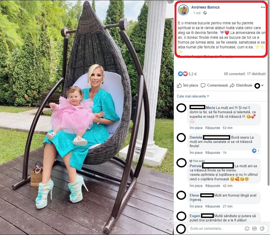 Andreea Bănică, asaltată de mesaje frumoase după ce a anunțat că a botezat o fetiță împreună cu soțul său, Lucian Mitrea © Facebook