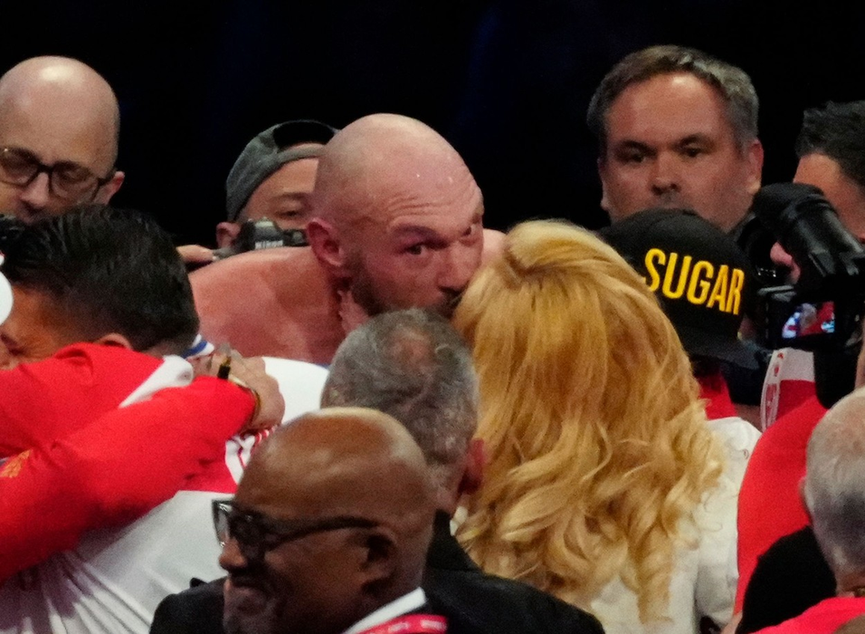 Tyson Fury  kisses his wife Paris after win
Tyson Fury v Dillian Whyte, WBC Heavyweight Championship + Undercard, Boxing, Wembley Stadium, London, UK - 23 Apr 2022,Image: 685565062, License: Rights-managed, Restrictions: , Model Release: no, Credit line: Profimedia