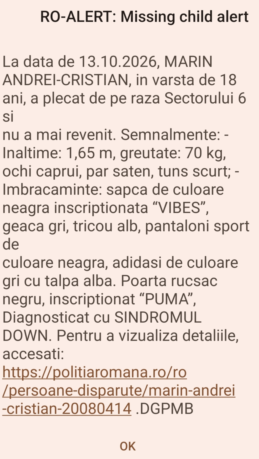 Ro-Alert copil dispărut