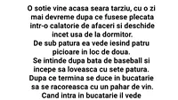 BANC | Soția vine acasă seara târziu, cu o zi mai devreme, după ce fusese plecată într-o călătorie de afaceri