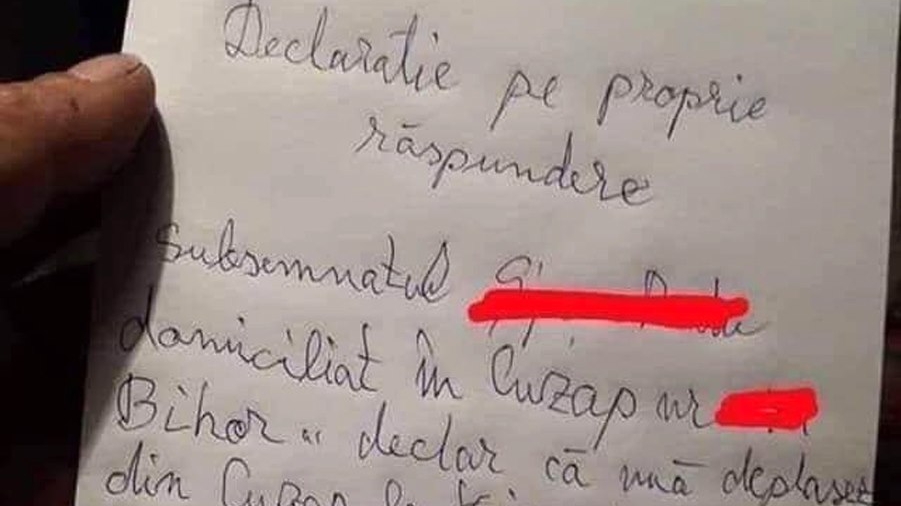 Râzi cu lacrimi! Cum a completat un tânăr din Bihor declarația de proprie răspundere: "Declar că mă deplasez din Cuzap la Voievozi, de azi și până..."