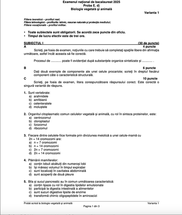Bacalaureat 2025 | Subiectele de la chimie, biologie și anatomie, de la BAC 2025