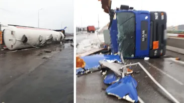 Șoferul unei cisterne pline cu motorină s-a răsturnat în Prahova și a distrus 2 TIR-uri parcate