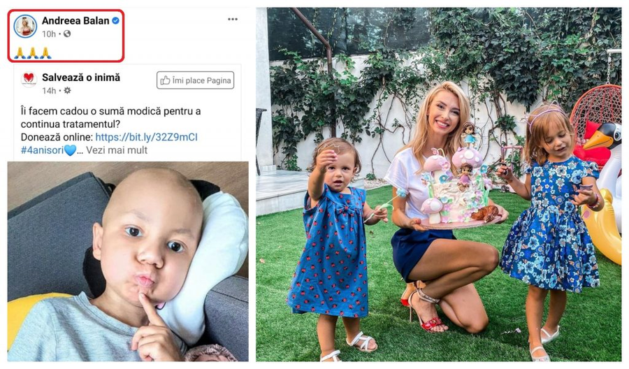 Andreea Bălan s-a alăturat în lupta la viață a lui Darius Fileață, un băiețel diagnosticat cu o tumoră formată în creier. Iar în poza din dreapta colagului, artista este alături de fiicele sale © Facebook