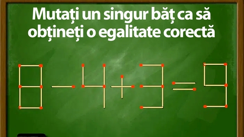 TEST IQ | Mutați un singur chibrit pentru a transforma "8-4+3=9" într-o egalitate