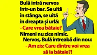 BANC | Bulă intră nervos într-un bar: Care vrea bătaie?!