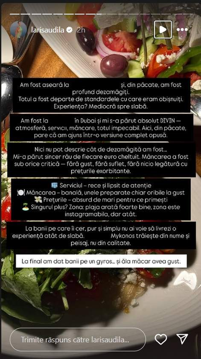 Larisa Udilă, experiență de coșmar pe insula milionarilor! Ce a pățit la un celebru restaurant din Mykonos: „Mi-a părut rău de fiecare euro cheltuit”