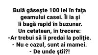 BANC | Bulă găsește 100 de lei în fața geamului casei. Îi ia și îi bagă rapid în buzunar