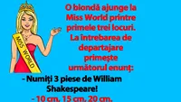 BANCUL ZILEI | O blondă ajunge la Miss World. La întrebarea de departajare primeşte următorul enunţ