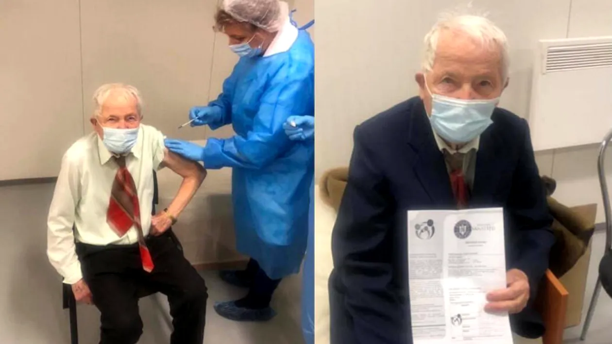 Imagine emoționantă. Un bărbat de 93 de ani a devenit cel mai vârstnic nemțean care s-a vaccinat anti-Covid. FOTO
