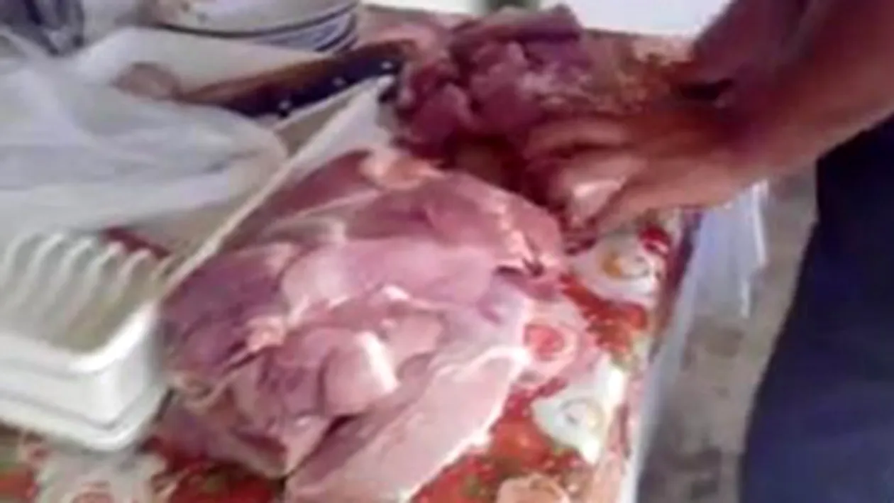 VIDEO In Romania se moare de foame si nu prea! Un cuplu din Rosiorii de Vede se filmeaza si se felicita ca are carne de porc: Ce barbat am, mi-a luat carne de porc, uitati bai spaniolilor aici!