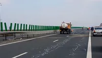 Trafic îngreunat pe Autostrada Soarelui, zona Lehliu-Gară, unde s-a răsturnat un camion cu fructe