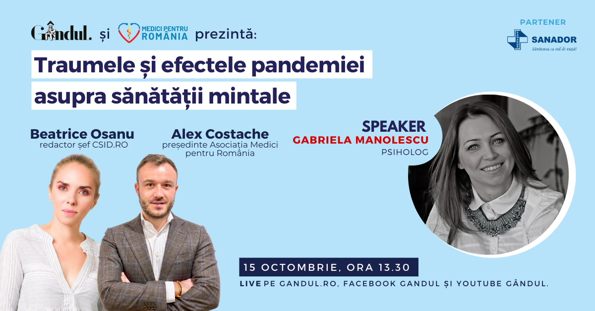 Află care sunt efectele statului în casă asupra psihicului și cum controlăm anxietatea pe timp de pandemie! Astăzi de la 13.30 în webinarul LIVE – Traumele și efectele pandemiei asupra sănătății mintale!