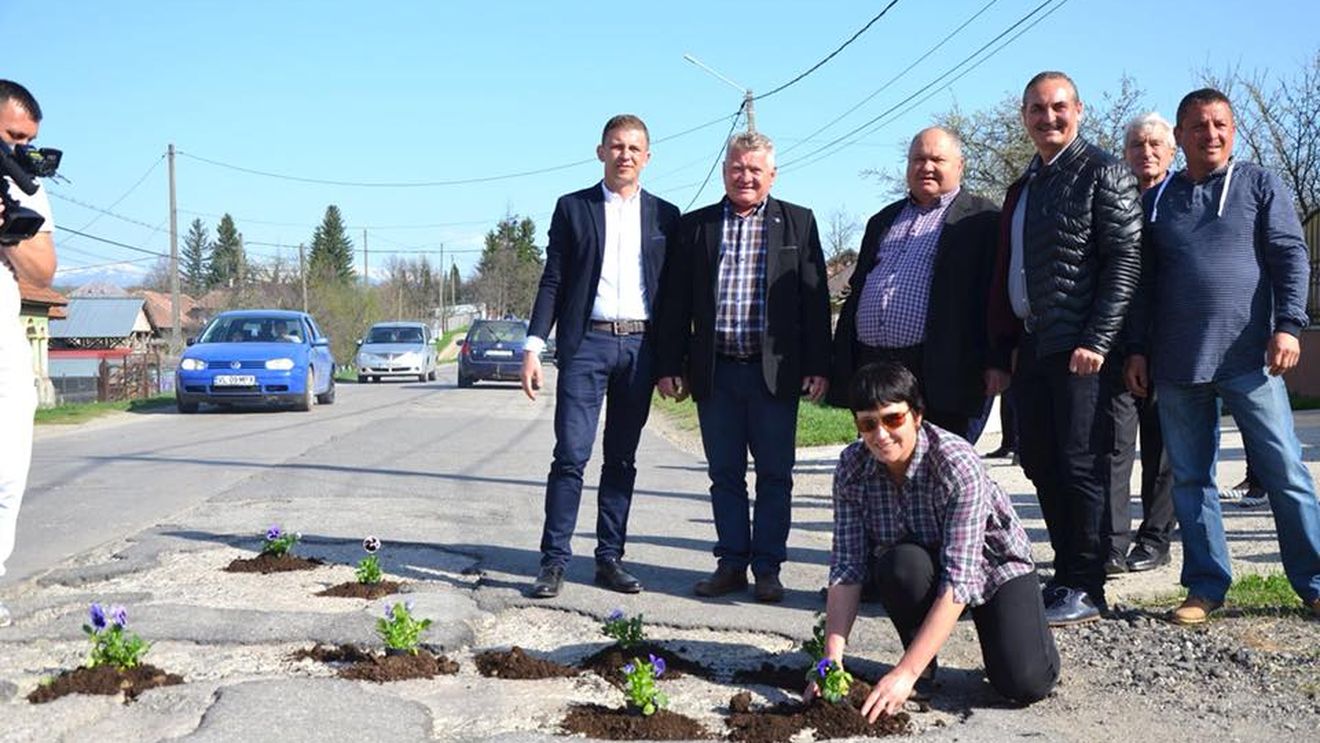 Protest inedit. Mai mulţi primari din Vâlcea au plantat panseluţe în gropile dintr-un drum judeţean, nereparat de 40 de ani