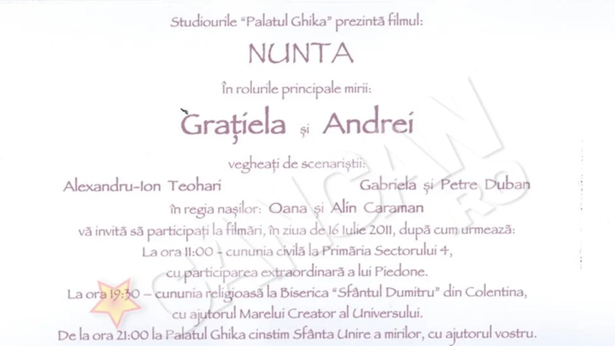 Andrei Duban si Gratiela sunt inventivi!  Au facut invitatii la nunta sub forma de generic de film!