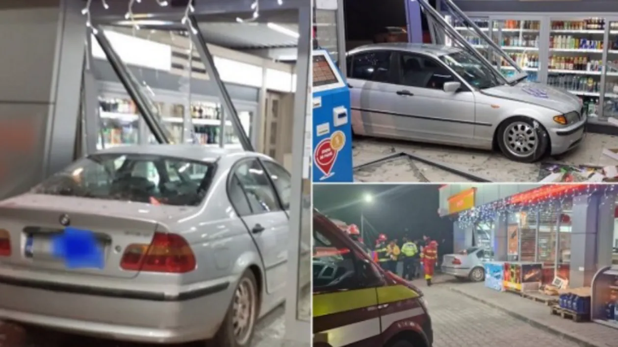 Angajații unui PECO din Vâlcea au trăit spaima vieții! Un șofer a intrat cu BMW-ul direct în benzinărie: „Erau beți, râdeau”
