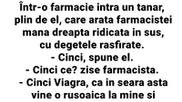 BANC | Într-o farmacie intră un tânăr, plin de el, care arată farmacistei mâna dreaptă, ridicată în sus, cu degetele răsfirate: Cinci ce?