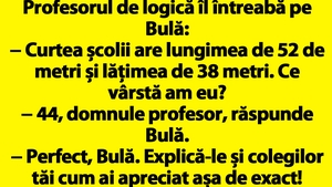 BANC | Profesorul de logică îl întreabă pe Bulă: "Curtea școlii are lungimea de 52 de metri și lățimea de 38 metri. Ce vârstă am eu?"
