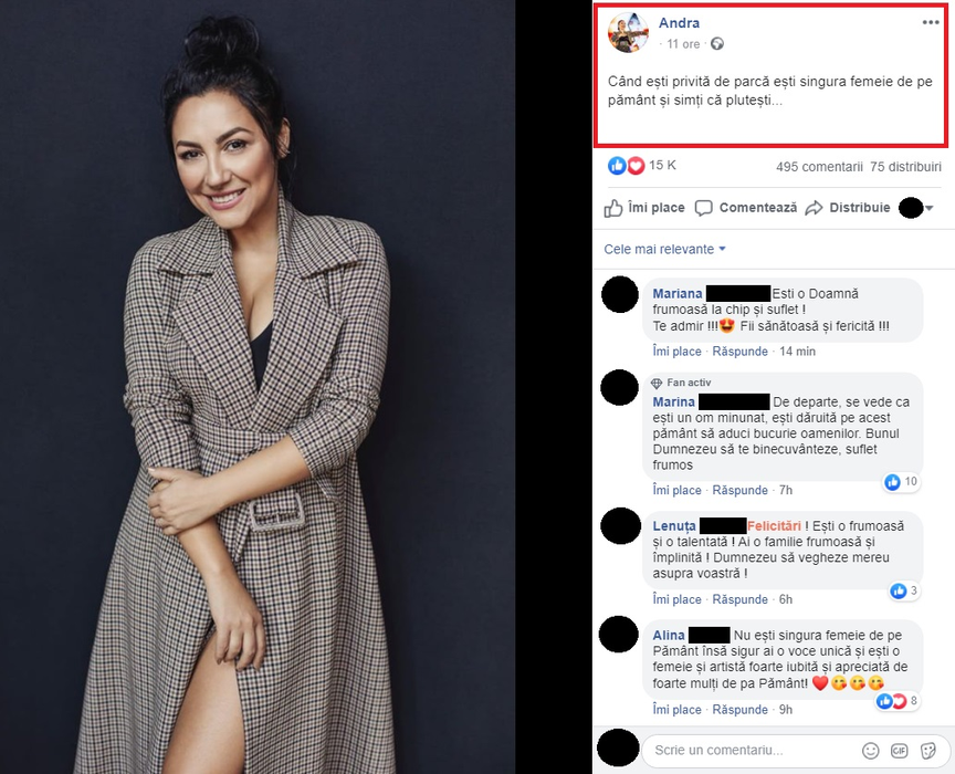 Andra, apariție plină de senzualitate! Soția lui Cătălin Măruță, într-o rochie crapată până aproape de talie și cu decolteu generos