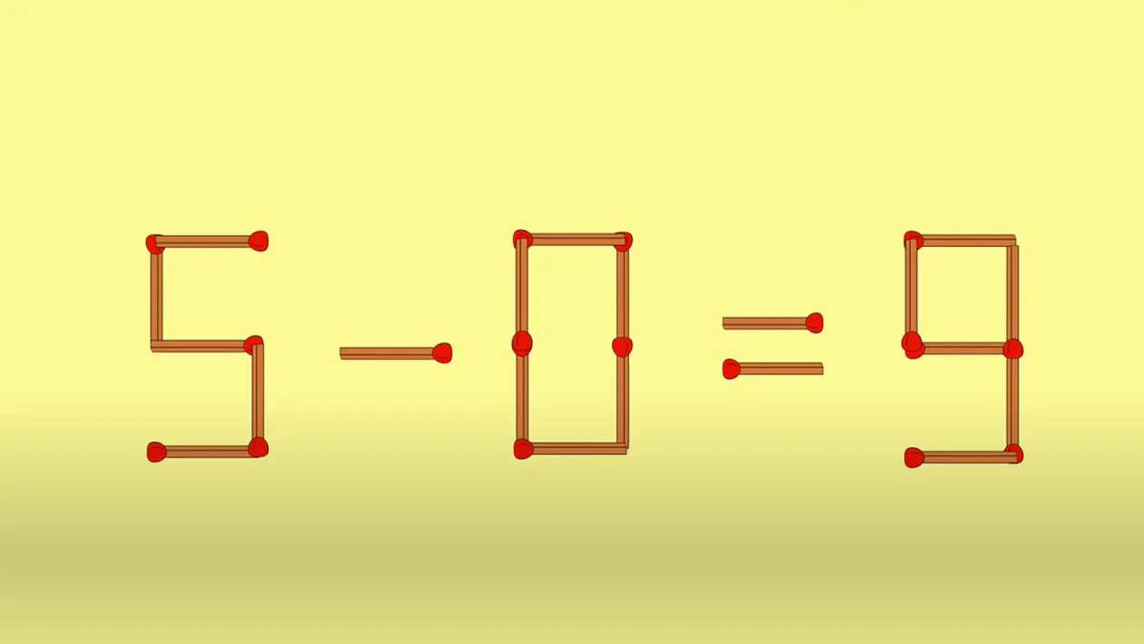 Test IQ cu chibrituri exclusiv pentru genii | Mutați un singur băț pentru a corecta egalitatea 5-0=9