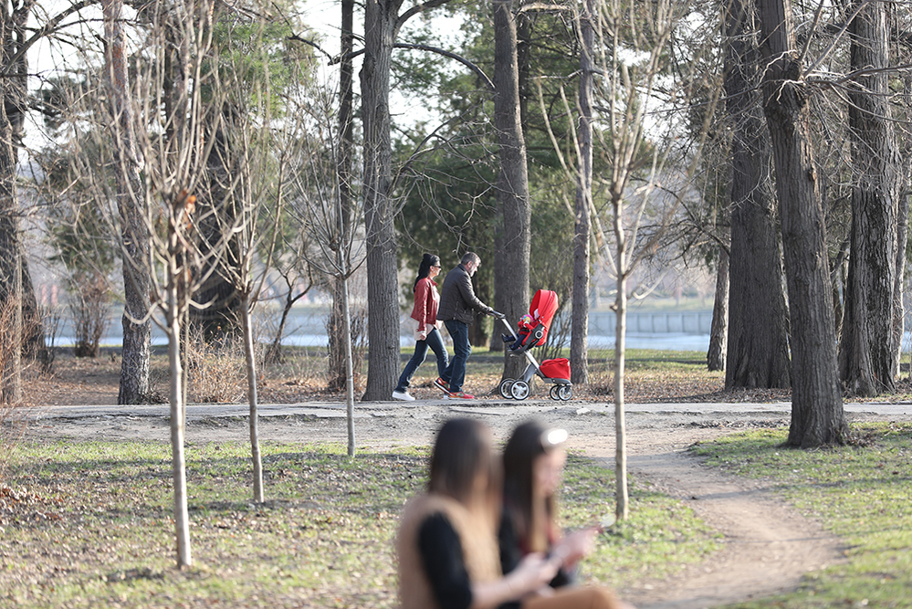 Andreea Pană şi Costică Constanda, în parc, cu copilul lor
