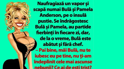BANC | Naufragiază un vapor și scapă numai Bulă și Pamela Anderson, pe o insulă pustie