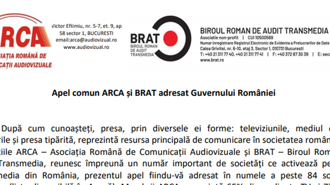 ARCA și BRAT, apel comun către Guvernul României: ”Ajutați presa să reziste crizei!”