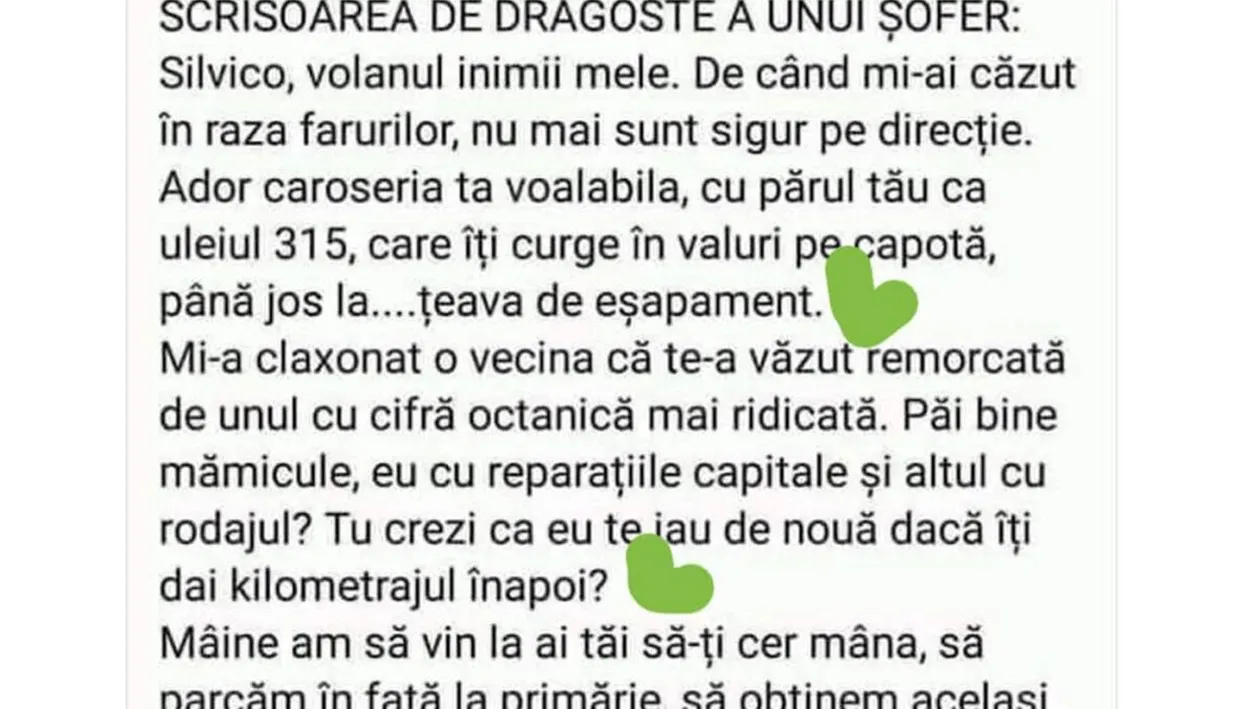 BANC | Scrisoarea de dragoste a unui șofer: Silvico, volanul inimii mele..