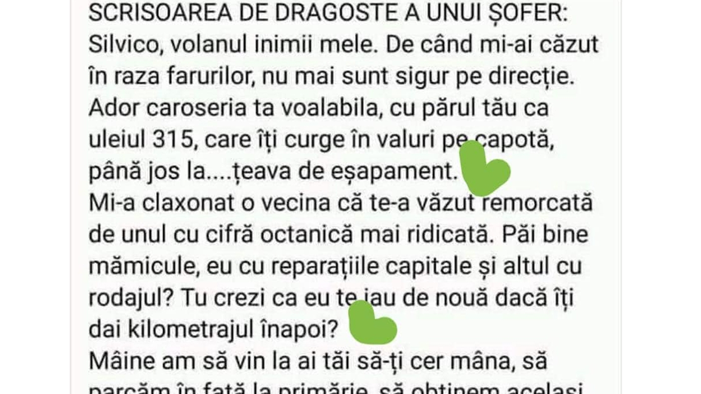 BANC | Scrisoarea de dragoste a unui șofer: "Silvico, volanul inimii mele.."