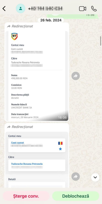Dovada falsificată a transferului bancar pentru Roxana