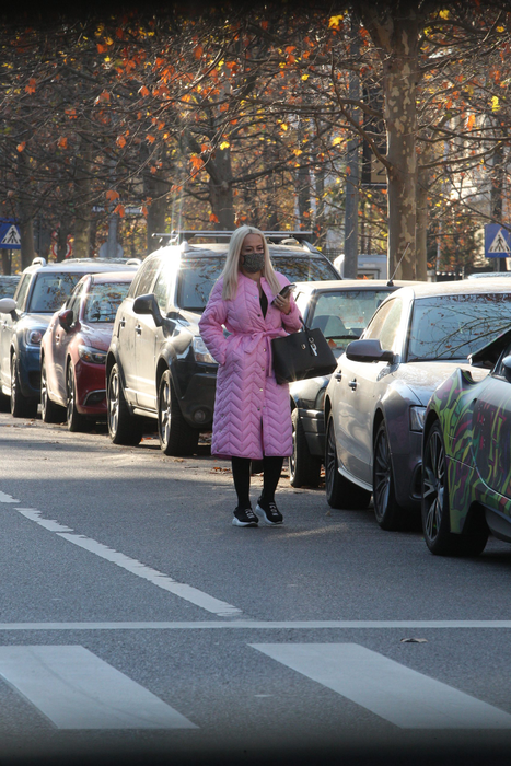 Anda Adam a optat pentru o geacă lungă, peste genunghi și roz. Masca a fost și ea deosebită, neagră și cu paiete