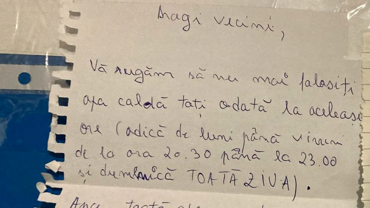 Conversație hilară prin bilețele între locatarii unui bloc din Sectorul 2: „Și noi avem nevoie să ne spălăm”