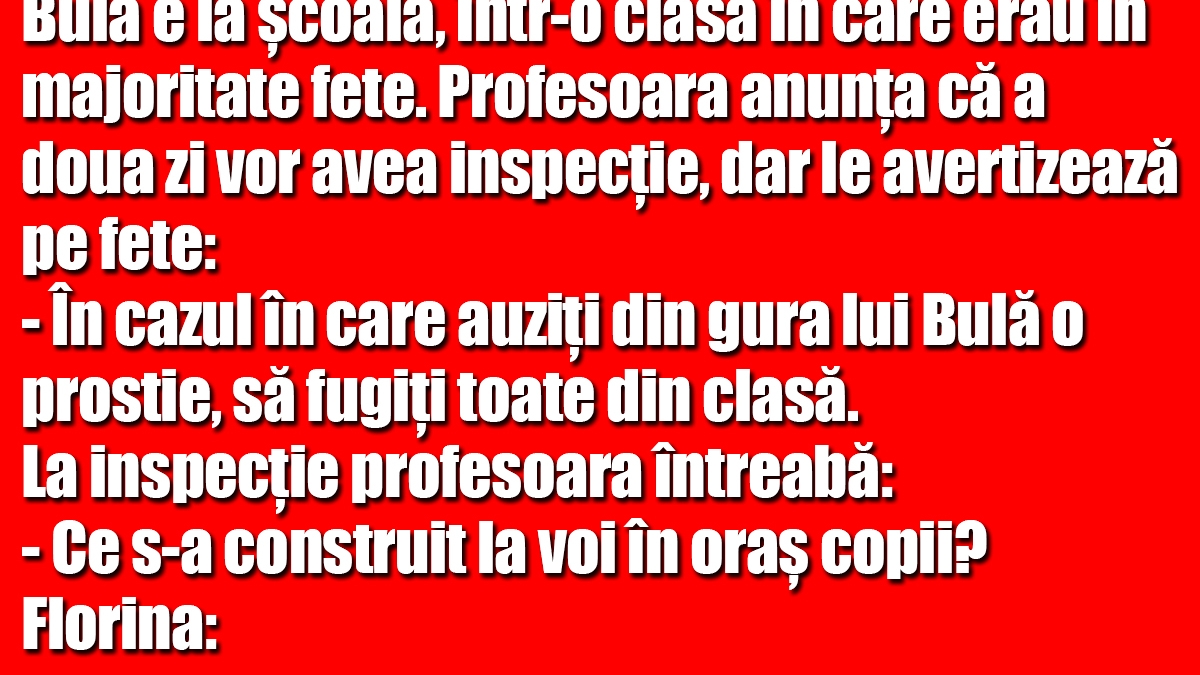 BANC | Bulă e la școală, într-o clasă în care erau în majoritate fete. Profesoara anunța că a doua zi vor avea inspecție, dar le avertizează pe fete