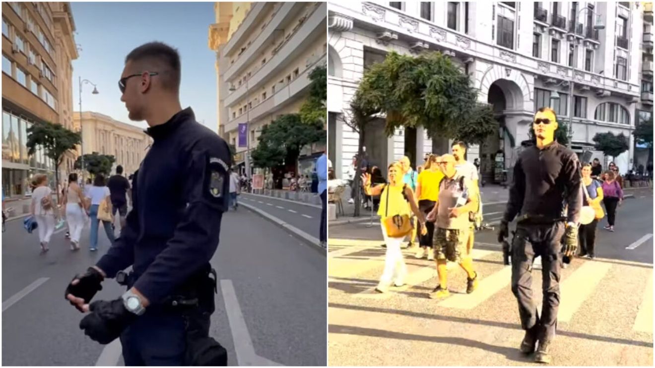 El este jandarmul care a tăiat respirația doamnelor pe Calea Victoriei! A defilat pe piesa trupei ABBA și a stârnit o adevărată isterie. VIDEO