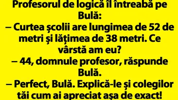 BANC | Profesorul de logică îl întreabă pe Bulă: Curtea școlii are lungimea de 52 de metri și lățimea de 38 metri. Ce vârstă am eu?