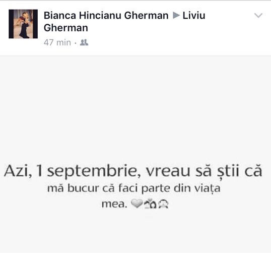 Mesajul Biancăi pentru Liviu. La scurt timp ea a şters postarea