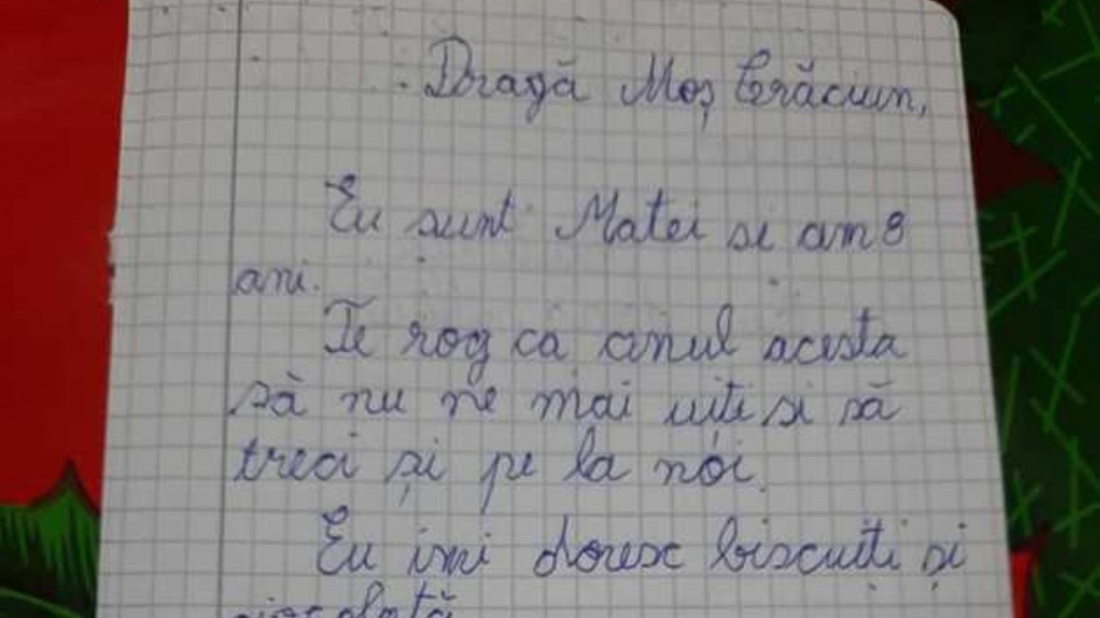 Scrisoare emoționantă! Ce i-a scris un băiețel de opt ani lui Moș Crăciun.  „Te rog ca anul acesta să nu ne mai uiţi şi să treci şi pe la noi”