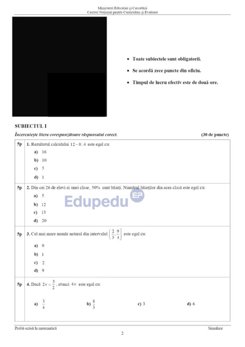 Simulare Evaluarea Națională 2026 subiectele la Matematică. Sursa foto: EduPedu