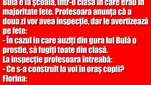 BANC | Bulă e la școală, într-o clasă în care erau în majoritate fete. Profesoara anunța că a doua zi vor avea inspecție, dar le avertizează pe fete
